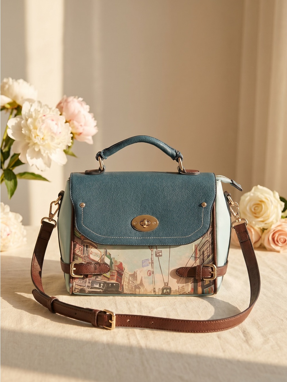 Blue & Mint City-Print Satchel Handbag